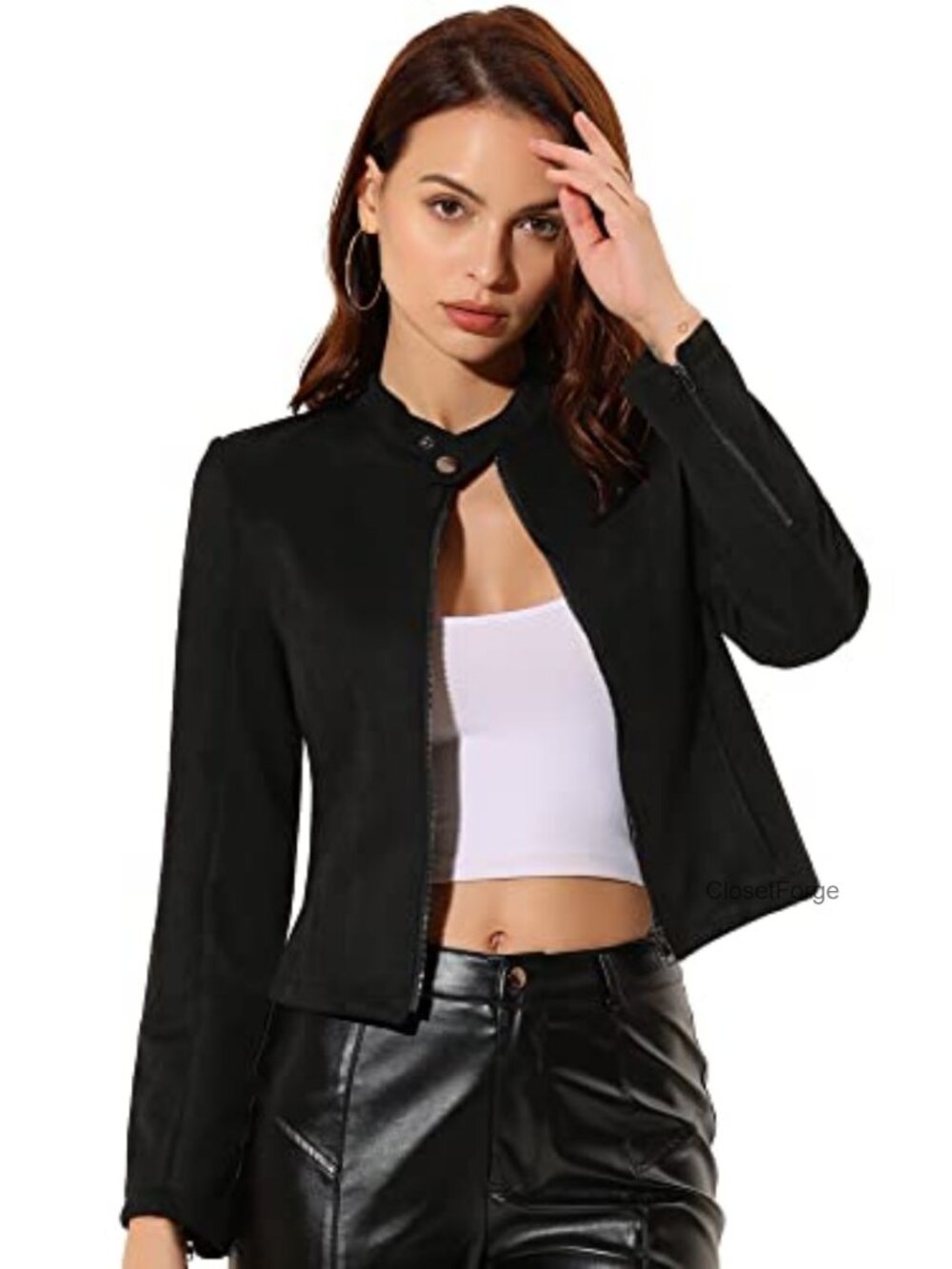Faux Suede Moto Biker Jacket Zip Up Crop Coat Long Sleeve Outerwear